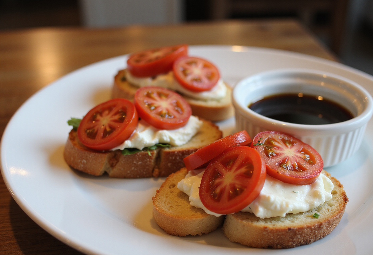 Assembled bruschetta con burrata ready to be enjoyed, making a delicious gourmet appetizer.