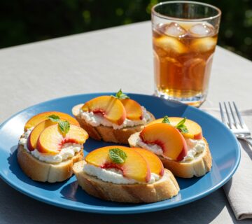 Finished bruschetta de durazno with ricotta, perfect for summer appetizers and refreshing snacks.