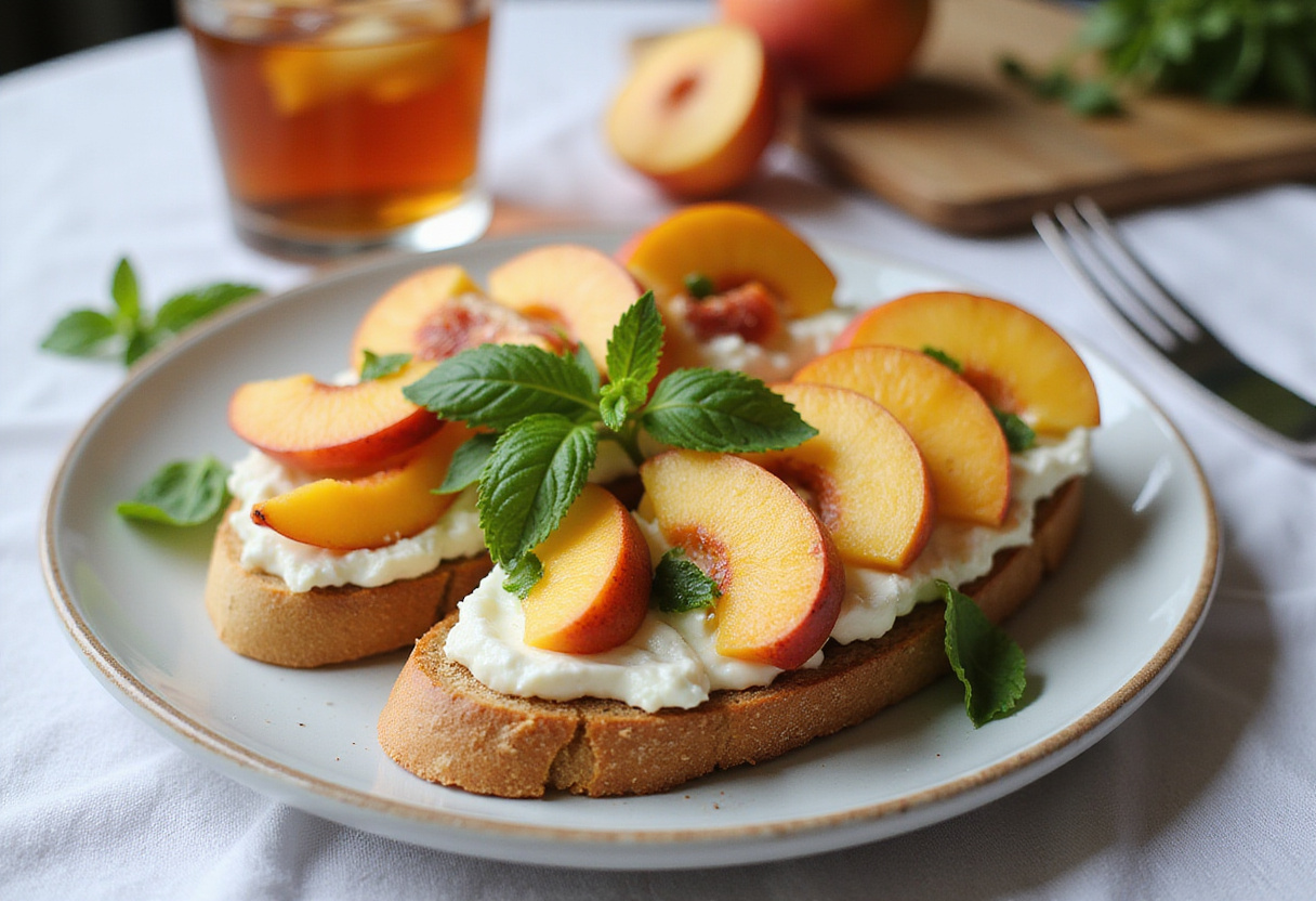 Deliciosa bruschetta de durazno con ricotta, perfecta para aperitivos de verano y snacks refrescantes.