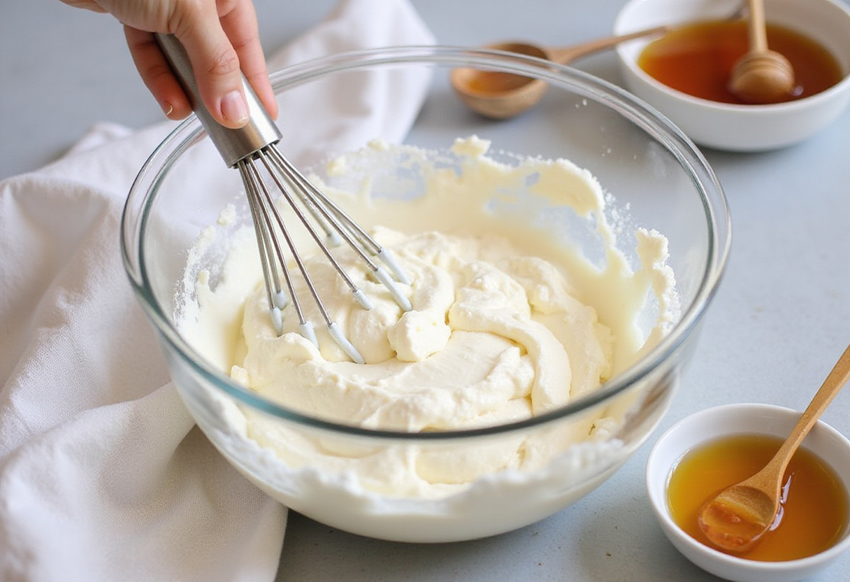 Queso ricotta batido, listo para usar en la preparación de la bruschetta de durazno, aportando una textura cremosa al plato.