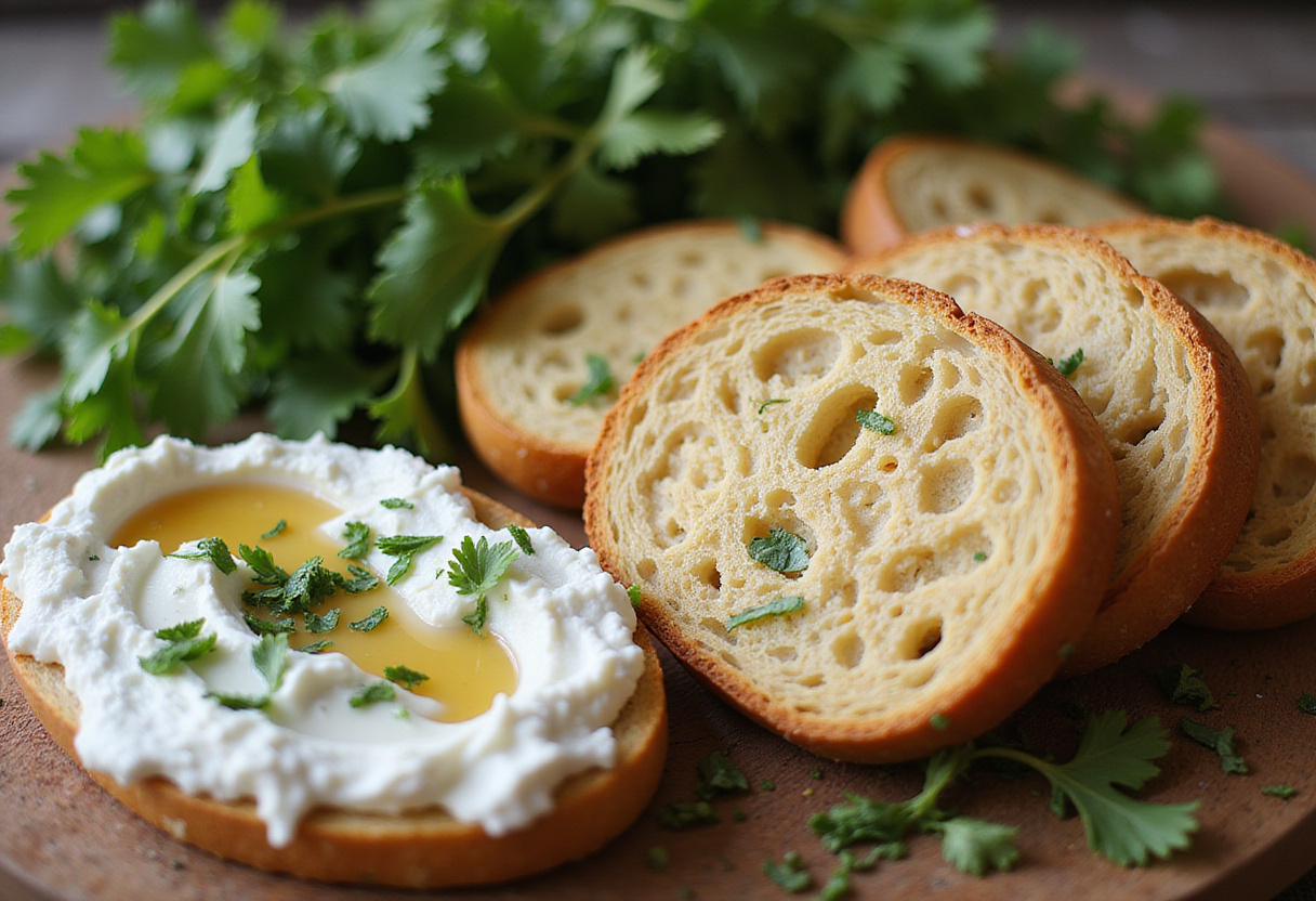 Rebanadas de baguette tostadas, preparadas para la bruschetta de durazno, complementadas con hierbas y mezcla de ricotta.