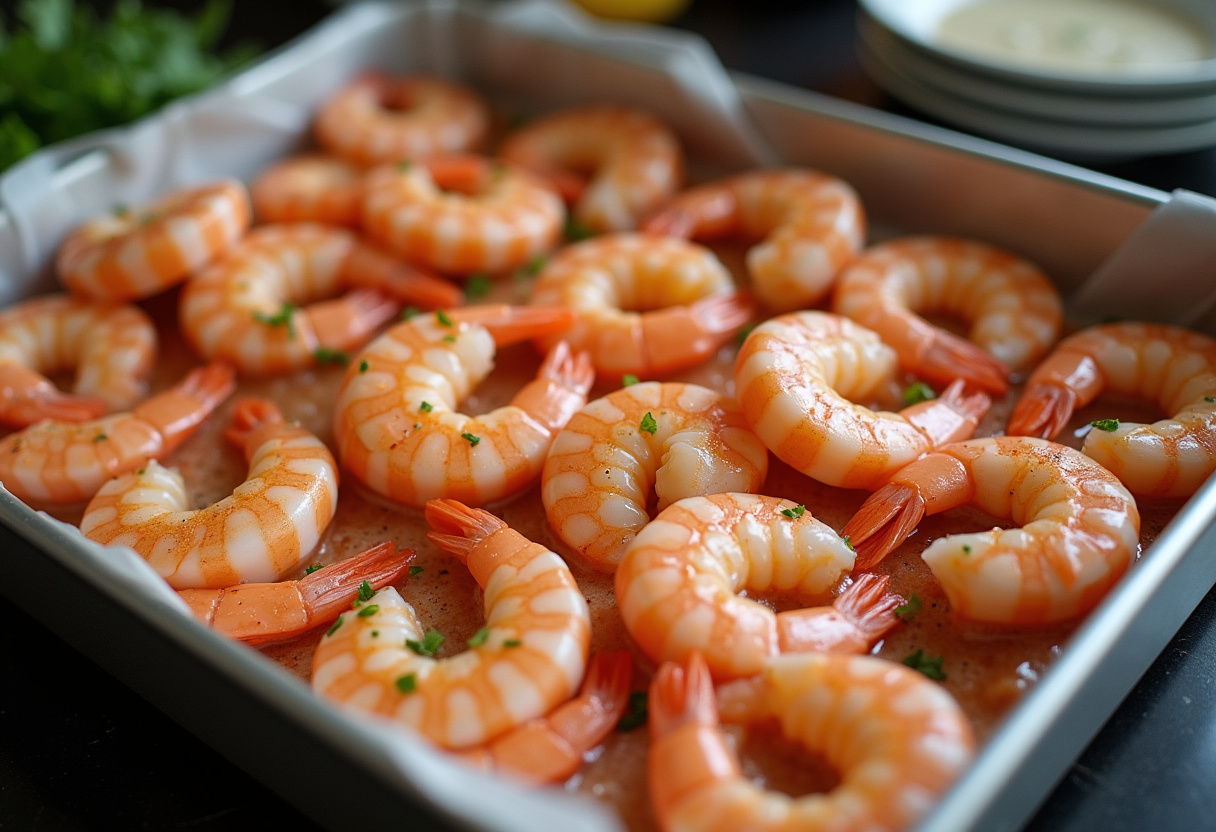 Camarones al horno dispuestos en una charola listos para cocinar.