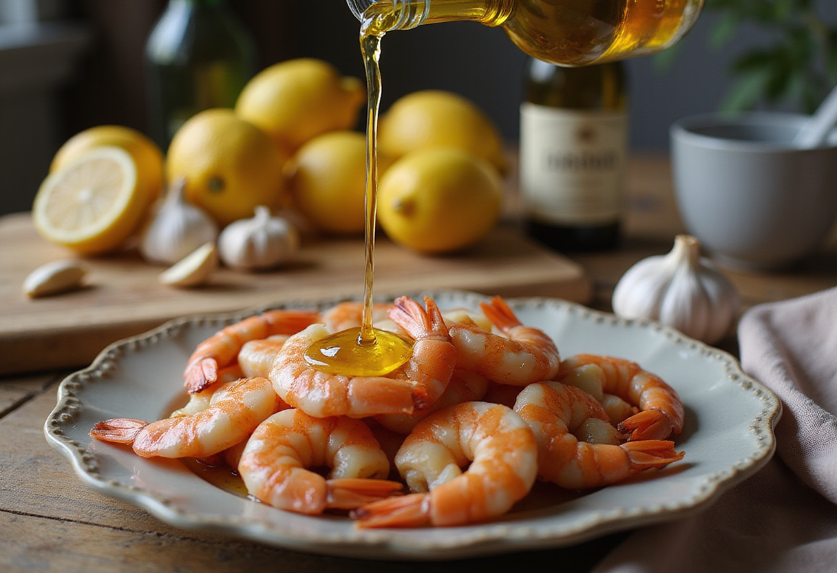 Aceite de oliva siendo rociado sobre camarones al horno para realzar el sabor.