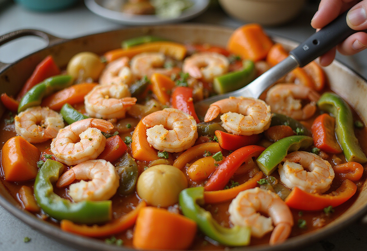 Vegetales frescos mezclados con camarones hervidos en la charola para receta de camarones al horno.