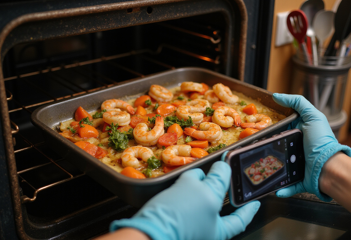 Charola con camarones al horno colocándose en el horno para cocinar uniformemente.
