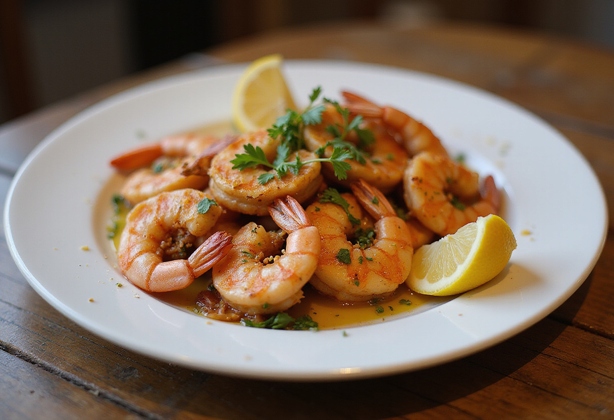Camarones al horno servidos con rodajas de limón y hierbas frescas, ideales para disfrutar.