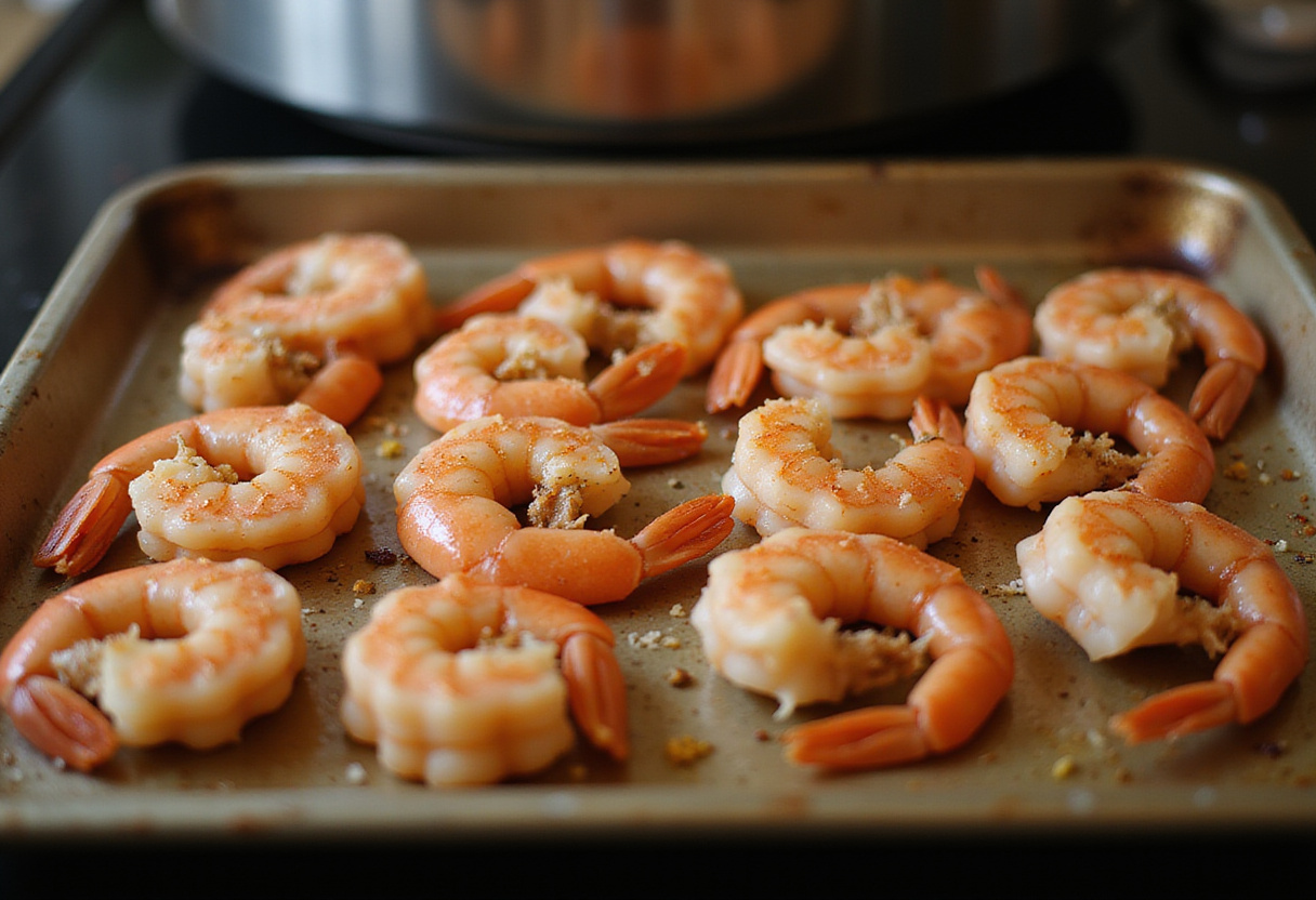 Camarones al horno preparados con sal, pimienta y ajo en una bandeja lista para hornear.