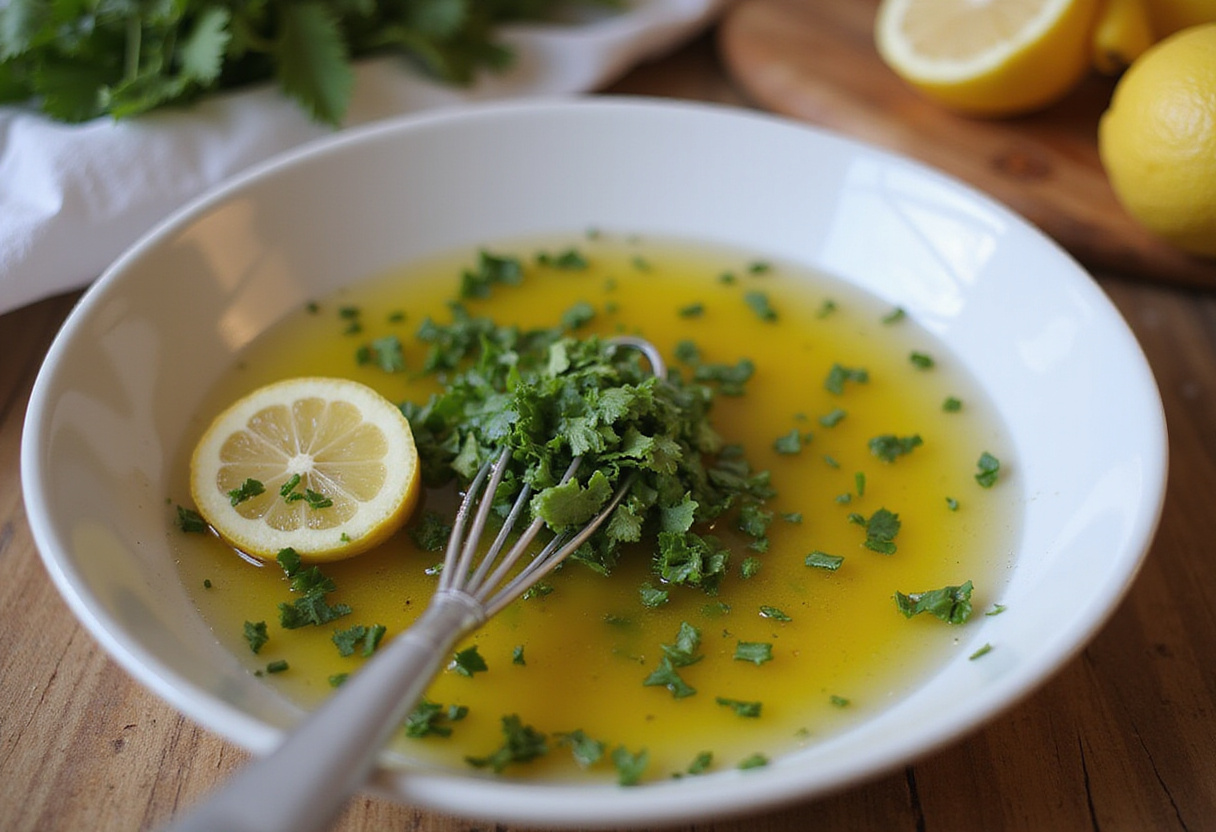 Mezcla de aceite de oliva, jugo de limón y perejil para la receta de camarones al horno.