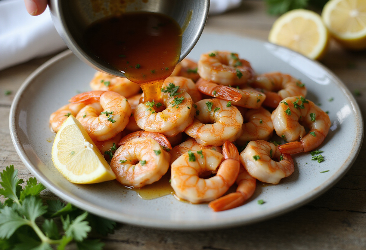 Camarones al horno siendo marinados con una mezcla de aceite y limón en la cocina.