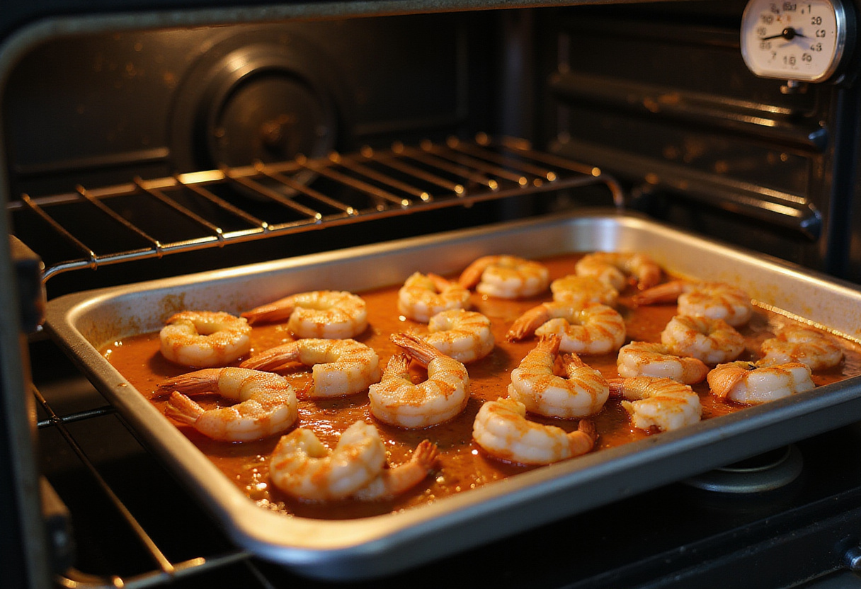 Bandeja con camarones al horno lista para entrar al horno en la cocina.