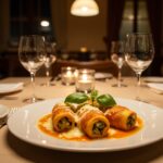 Canelones de pollo al horno presentados con albahaca fresca, perfectos para disfrutar.