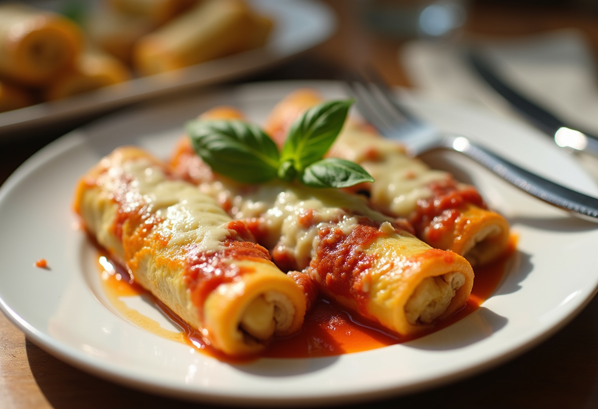 Canelones de pollo al horno presentados con albahaca fresca, perfectos para disfrutar.