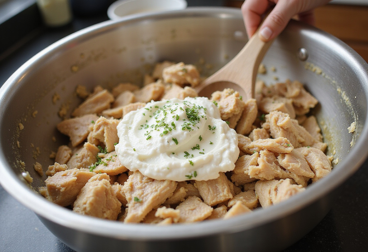Mezcla de pollo cocido y queso ricotta para hacer canelones de pollo.