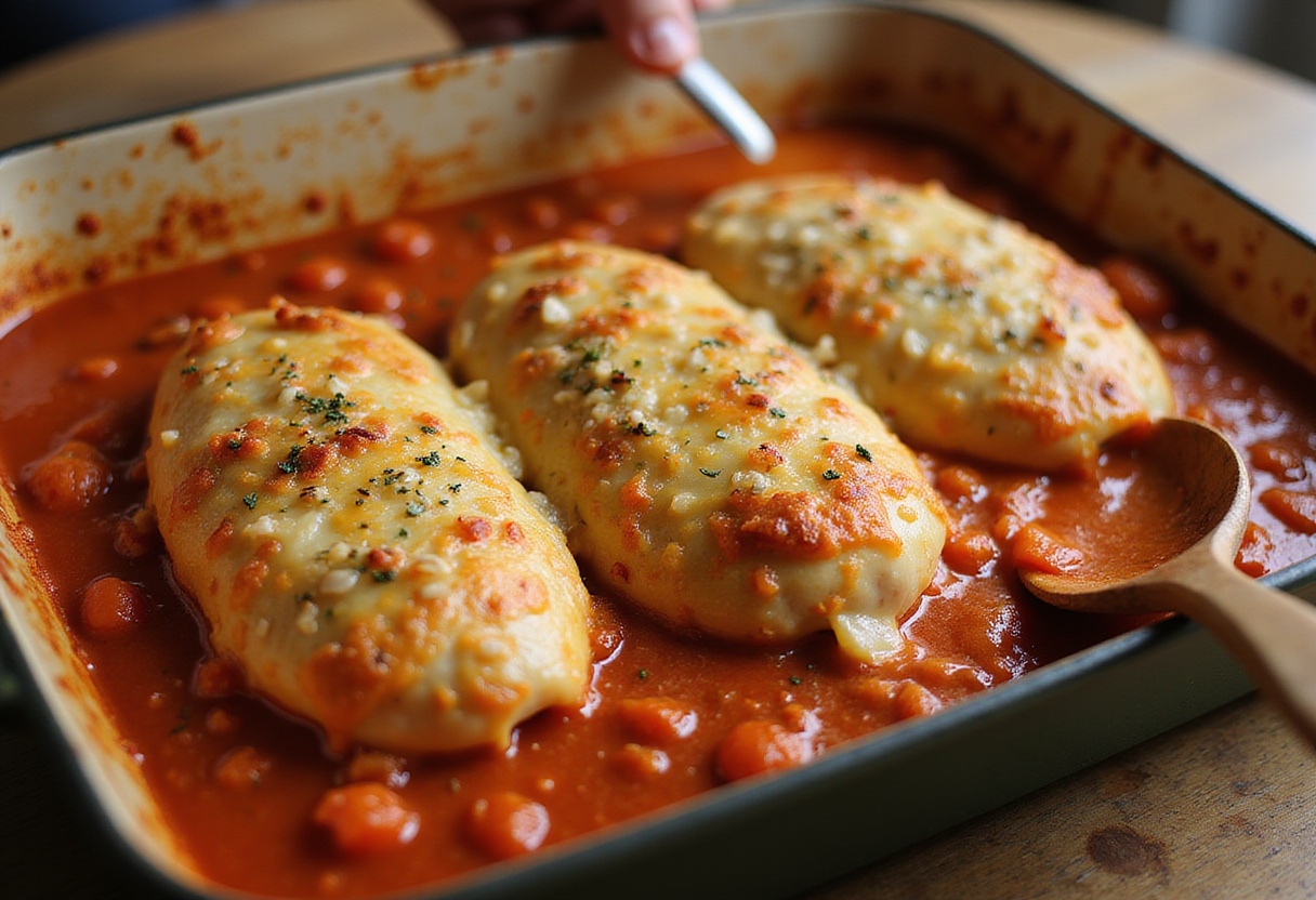 Salsa de tomate en una fuente para hornear para canelones de pollo.