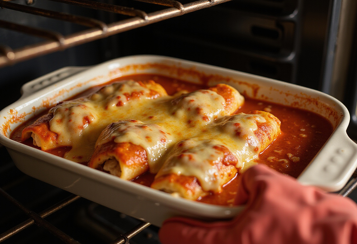 Canelones de pollo cubiertos de salsa y queso listos para hornear.