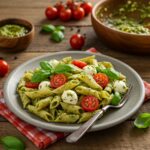 Ensalada de pasta caprese presentada en una mesa festiva, perfecta para reuniones familiares.