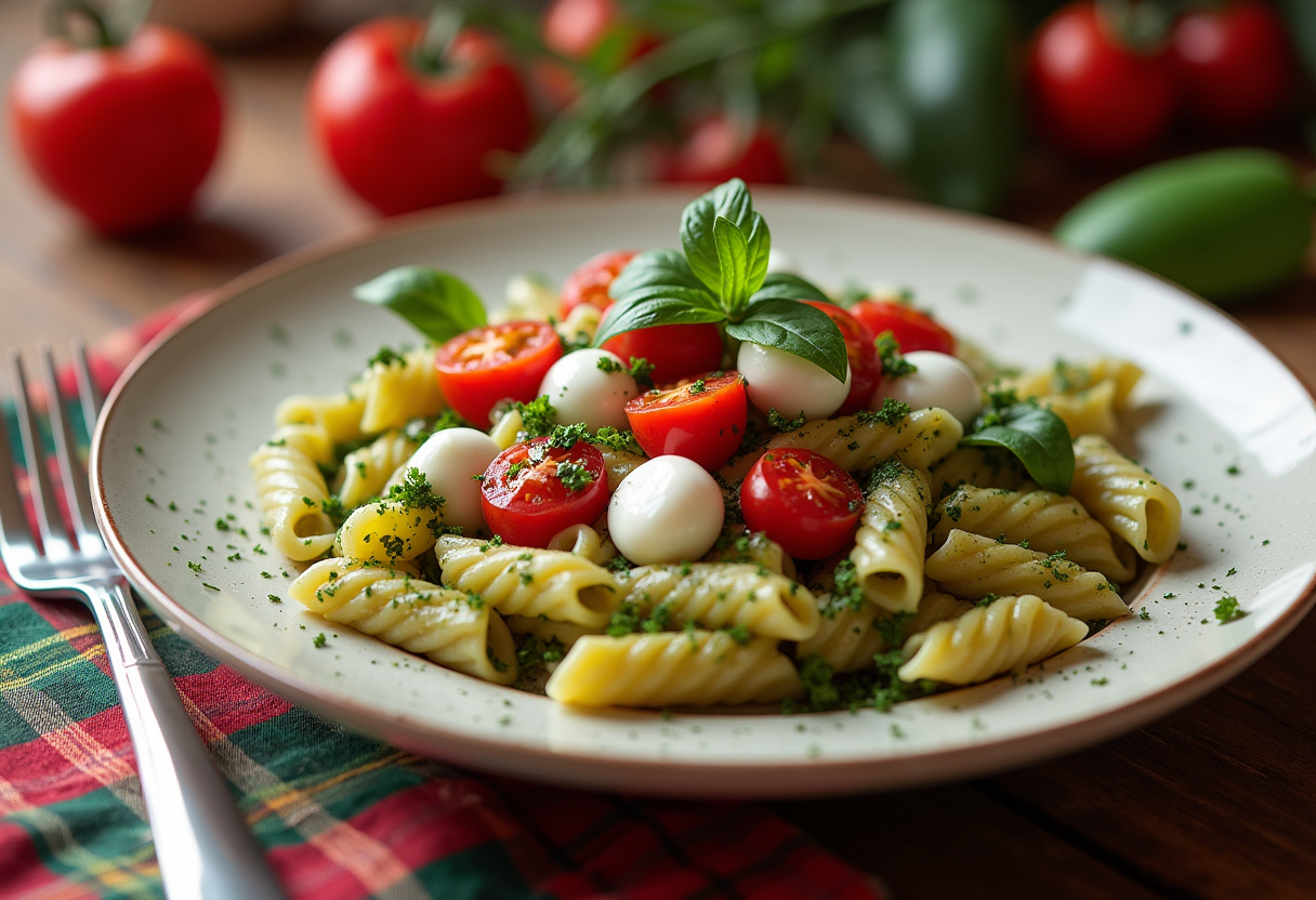 Ensalada de pasta caprese presentada en una mesa festiva, perfecta para reuniones familiares.