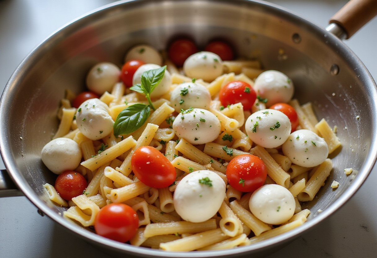 Ensalada de pasta caprese con fideos cocidos, tomates cherry y bolitas de mozzarella lista para mezclar.
