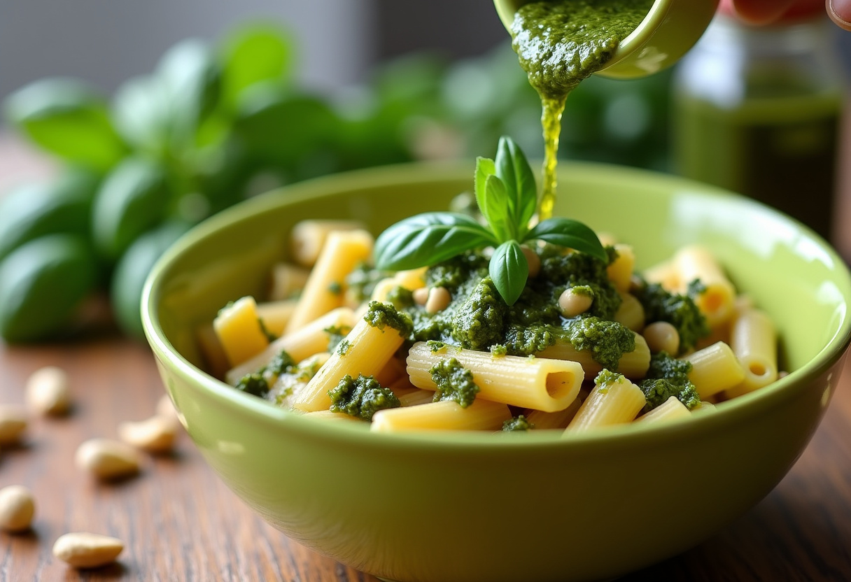 Salsa pesto casera vertiendo sobre ensalada de pasta caprese con albahaca fresca y piñones.