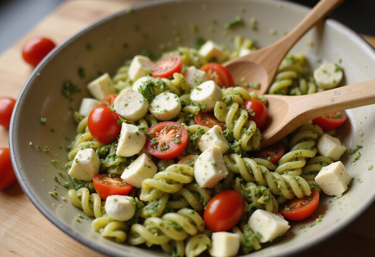 Mezclando la ensalada de pasta caprese con pesto, mozzarella y tomates cherry para una ensalada italiana deliciosa.