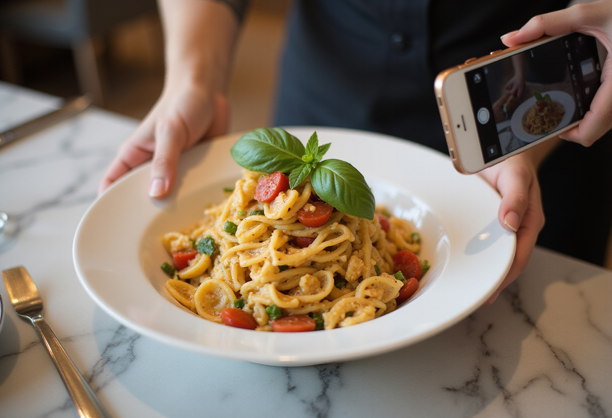Servir la ensalada de pasta caprese en un tazón elegante decorado con hojas de albahaca.