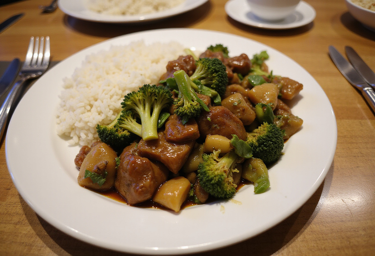 Plato terminado de Carne y Brócoli al Estilo Chino, ideal para disfrutar de recetas chinas.