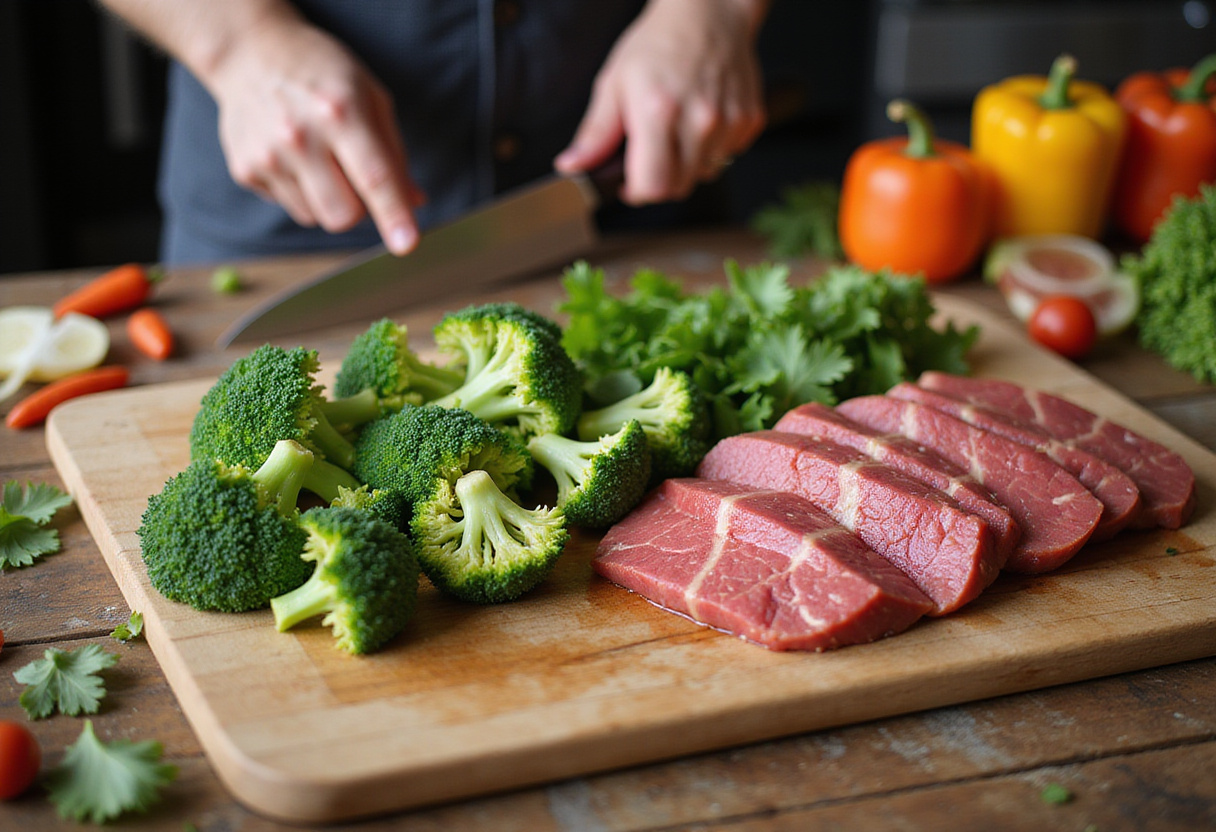 Carne y brócoli frescos preparados para la receta de Carne y Brócoli al Estilo Chino.