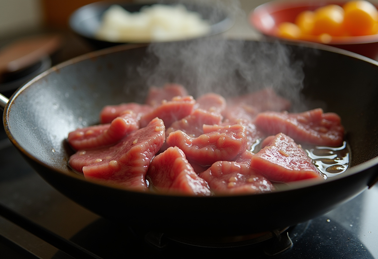Carne cocinándose en un wok, un paso esencial en la receta de Carne y Brócoli al Estilo Chino.
