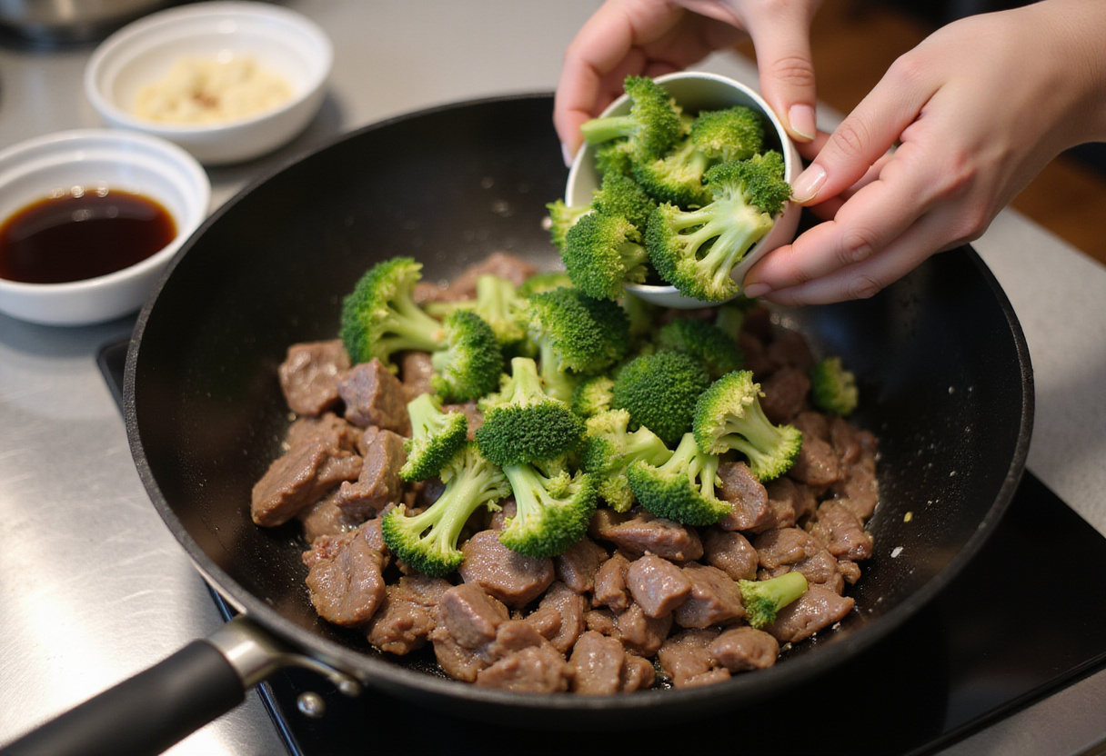 Brócoli siendo agregado a la mezcla de carne en la receta de Carne y Brócoli al Estilo Chino.