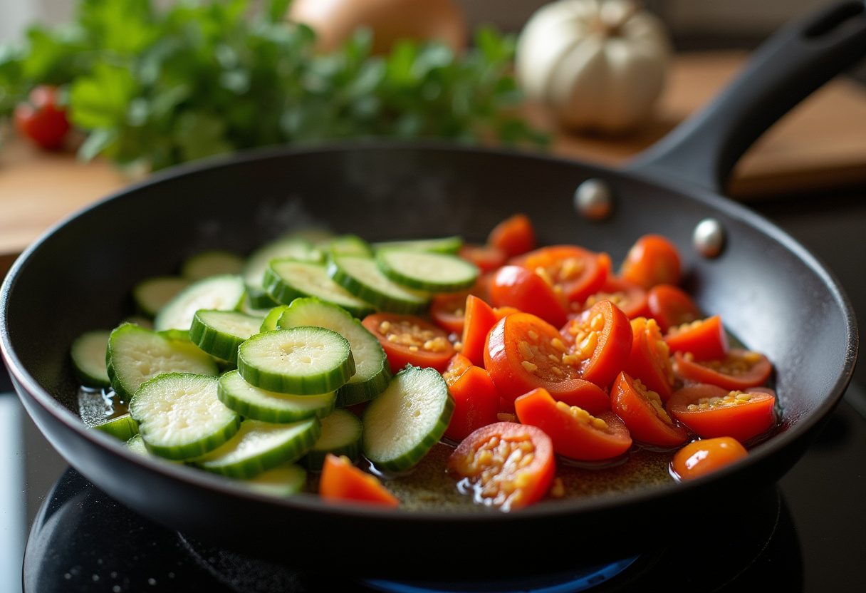 Sautéing fresh vegetables in olive oil for a rápida cena saludable.