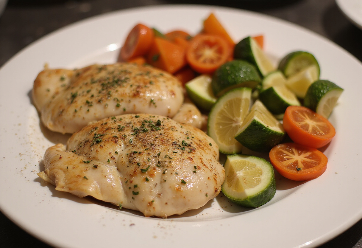 Cooked chicken breast served with sautéed vegetables for a cena saludable en 20 minutos.