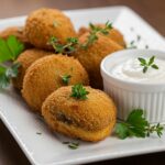 Deliciosos champiñones empanizados con aderezo ranch, un snack irresistible para cualquier ocasión.