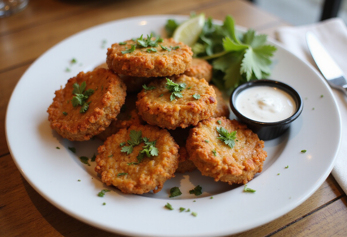 Deliciosos champiñones empanizados con aderezo ranch, un snack irresistible para cualquier ocasión.