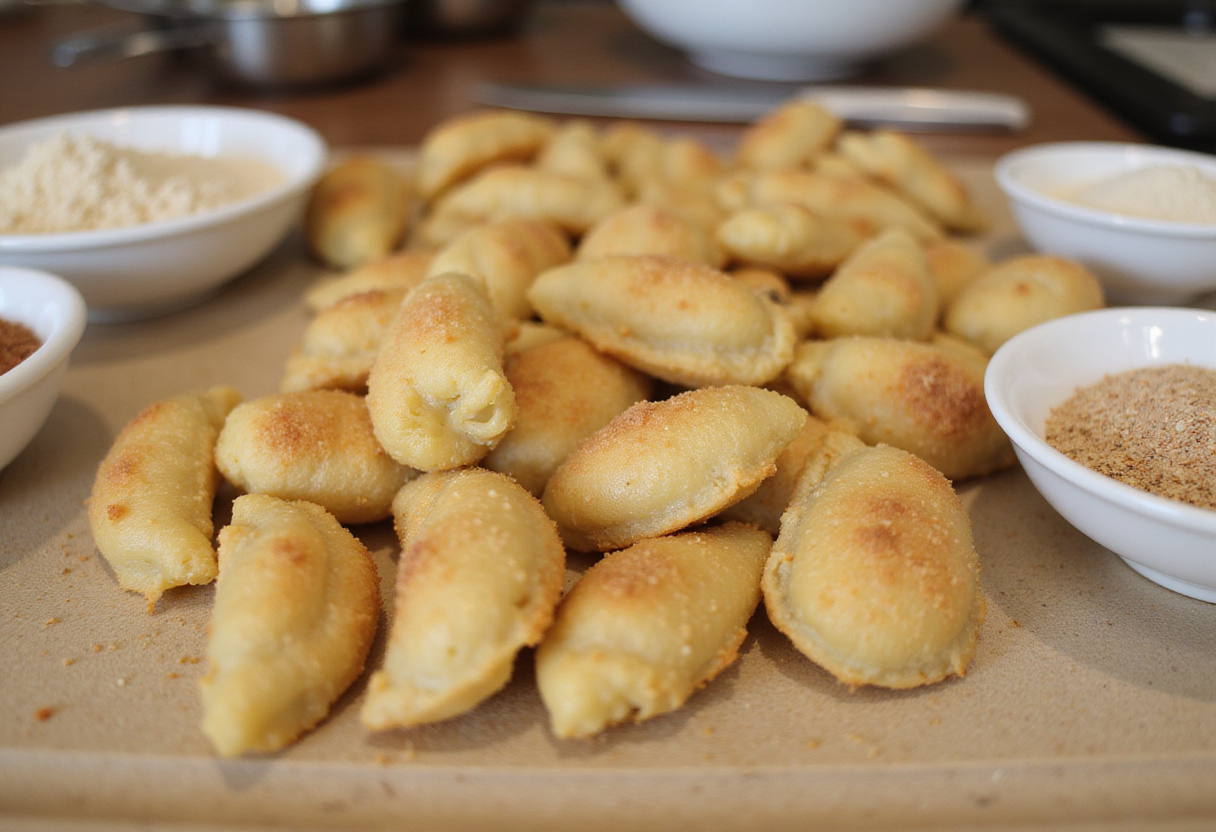 Champiñones empanizados listos para ser preparados como un aperitivo irresistible.