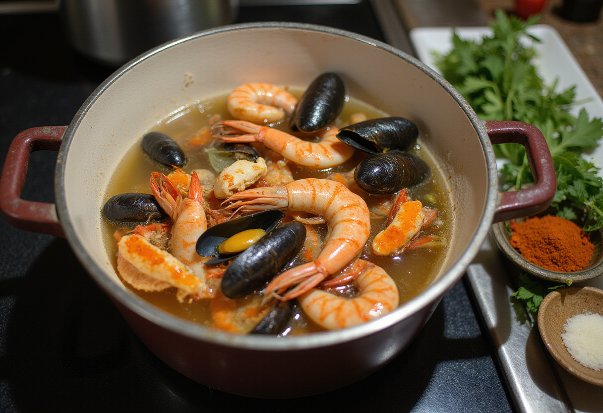 Ingredientes frescos para hervido de mariscos, con agua hirviendo en olla lista para cocinar mariscos.