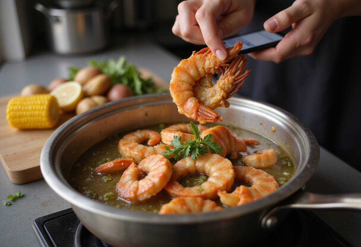 Agregando mariscos a la olla para la receta de hervido de mariscos con verduras frescas.