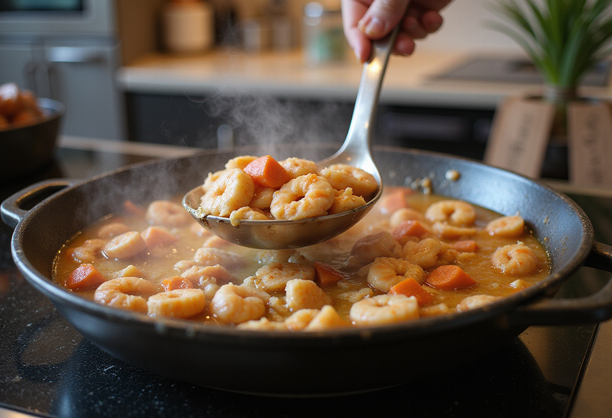 Revolviendo mariscos en la olla, creando un delicioso hervido de mariscos en la cocina.