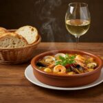Delicious and steaming cocido de mariscos served in a traditional setting, perfect for seafood lovers.