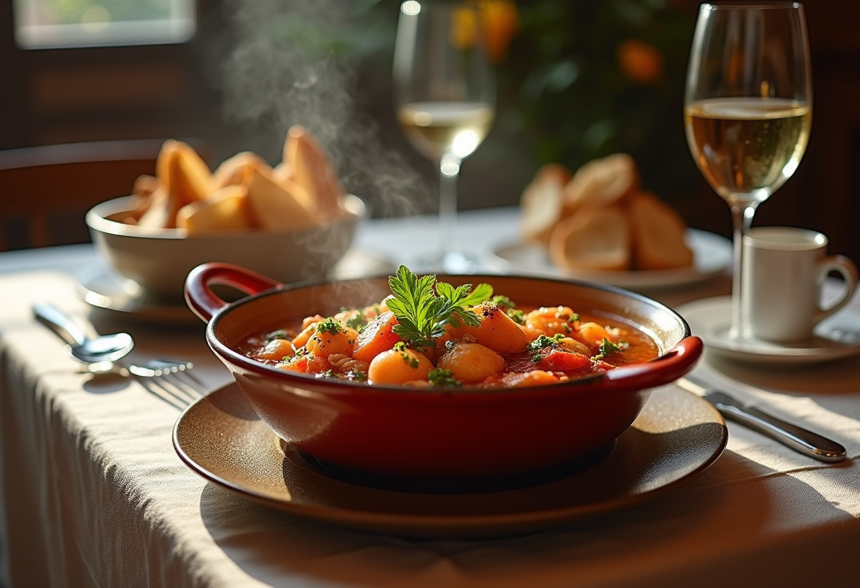 Delicious and steaming cocido de mariscos served in a traditional setting, perfect for seafood lovers.