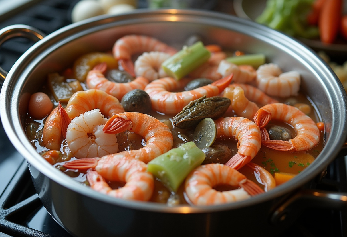 Fresh seafood ingredients for cocido de mariscos being prepared in a large pot.