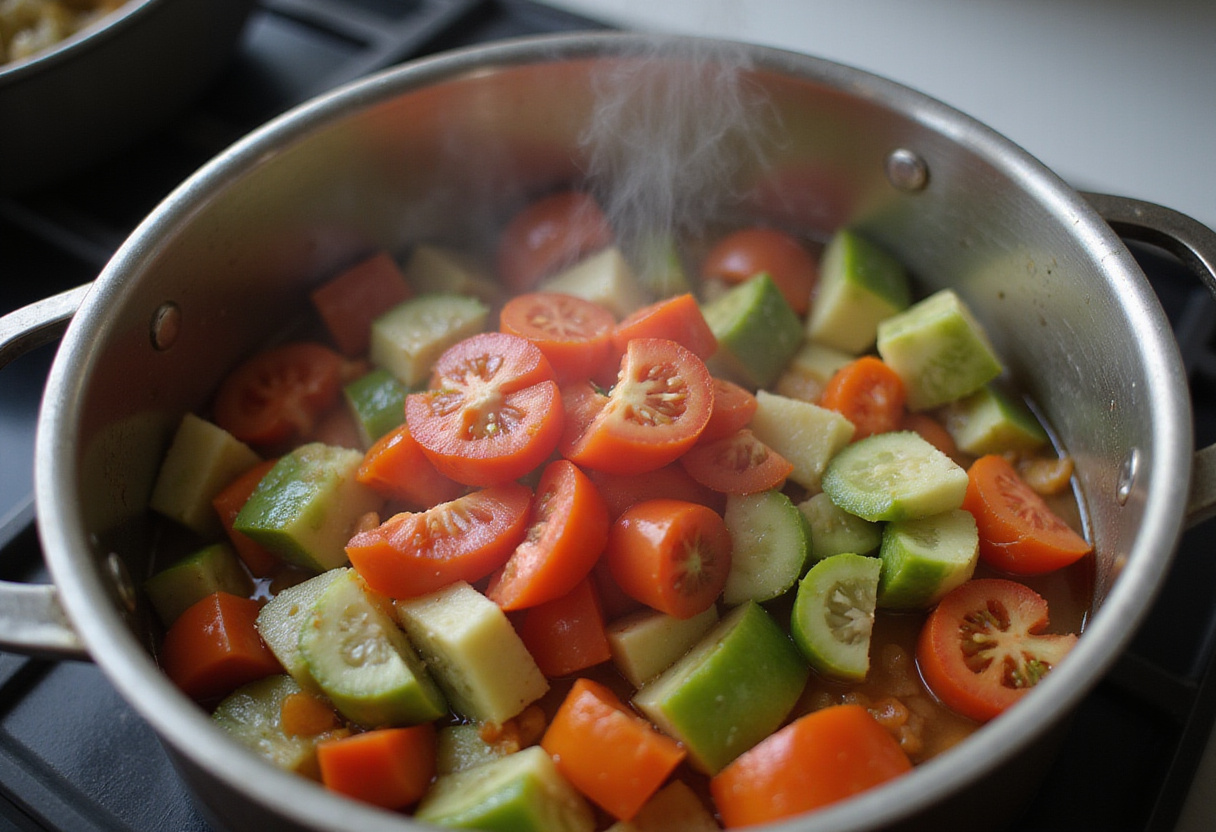 Chopped vegetables being added to the cocido de mariscos for a rich flavor.