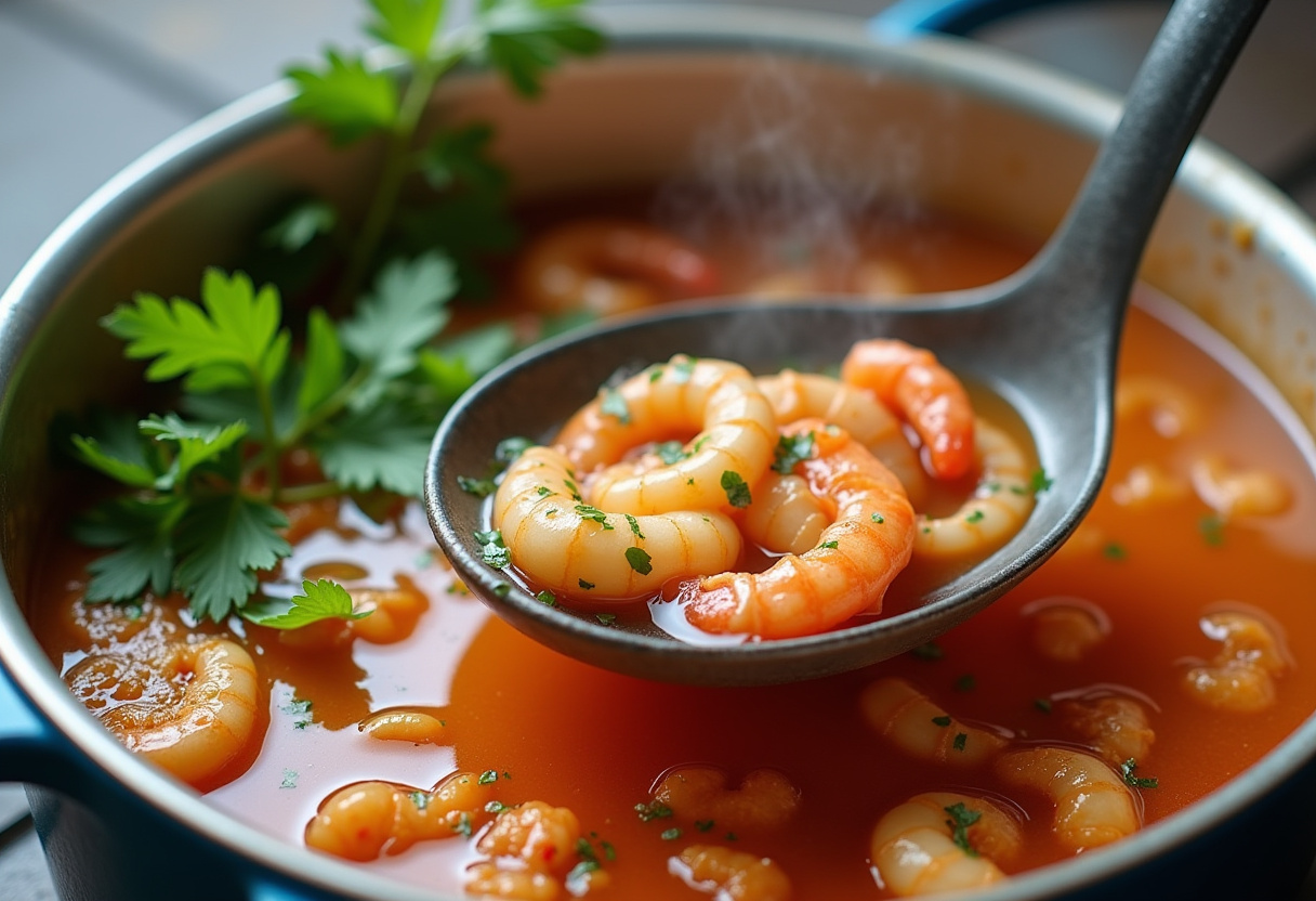Stirring the broth of the cocido de mariscos in a large pot to blend flavors.