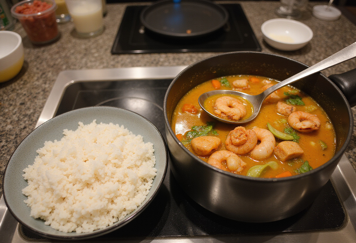 Preparing to serve cocido de mariscos with a bowl of rice on the side.