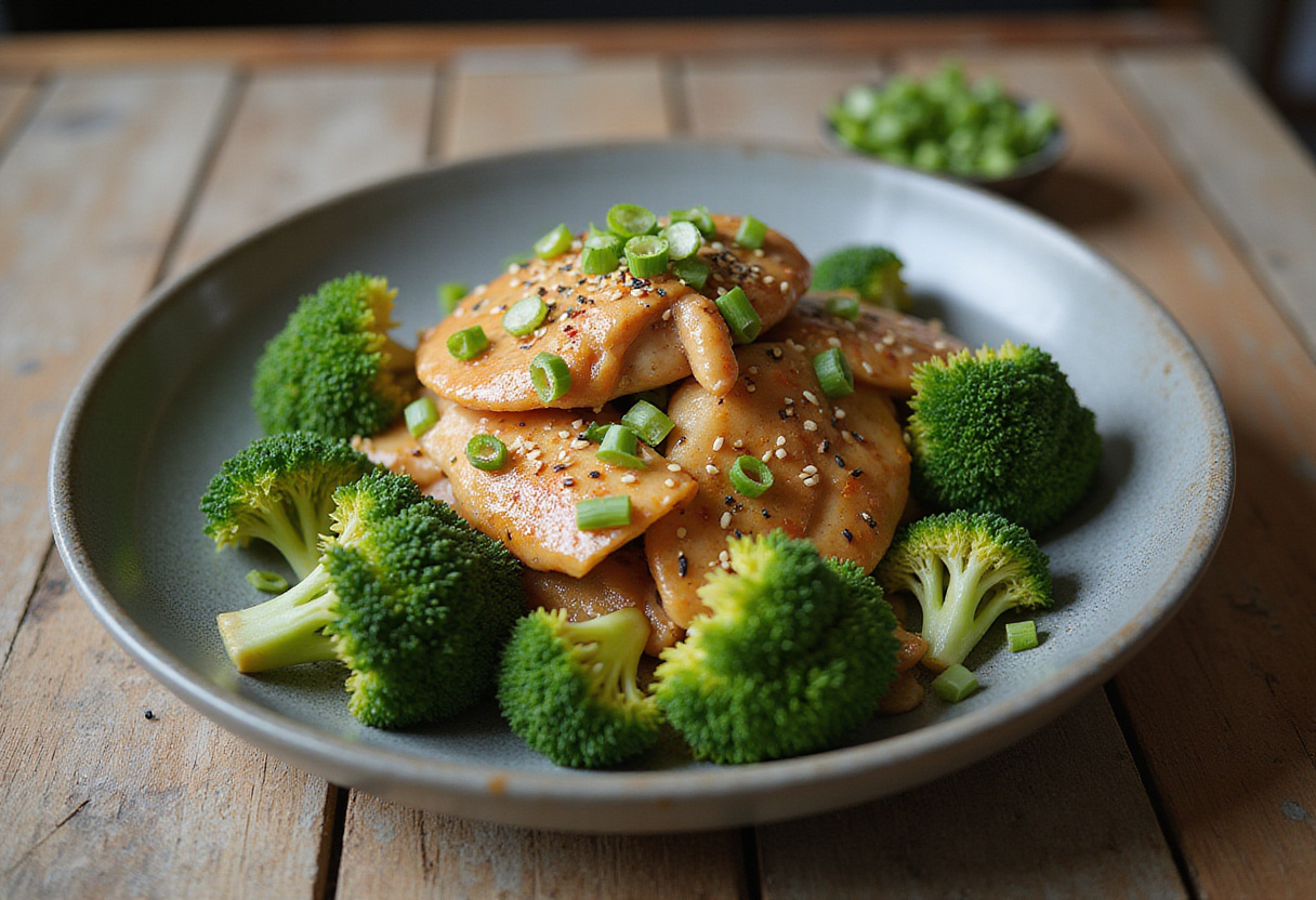 Pollo con brócoli presentado en un plato rústico, ideal para una cena fácil y saludable.