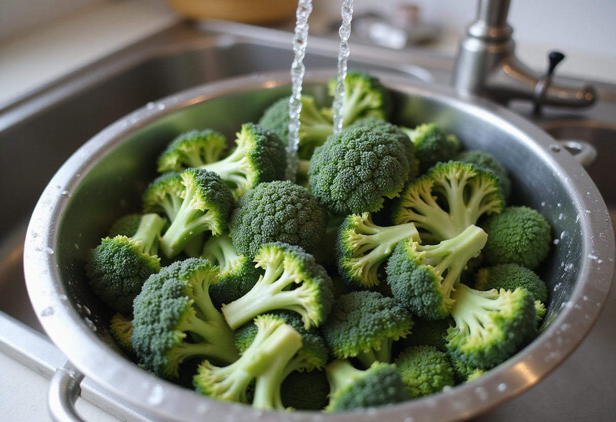 Brócoli fresco siendo lavado en un colador para la receta de pollo con brócoli.