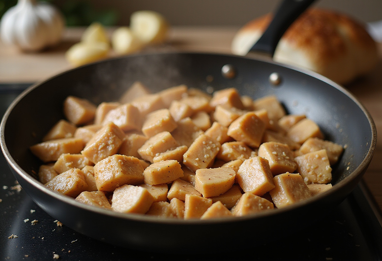 Pollo cortado en cubos dorándose en una sartén para la receta de pollo con brócoli.