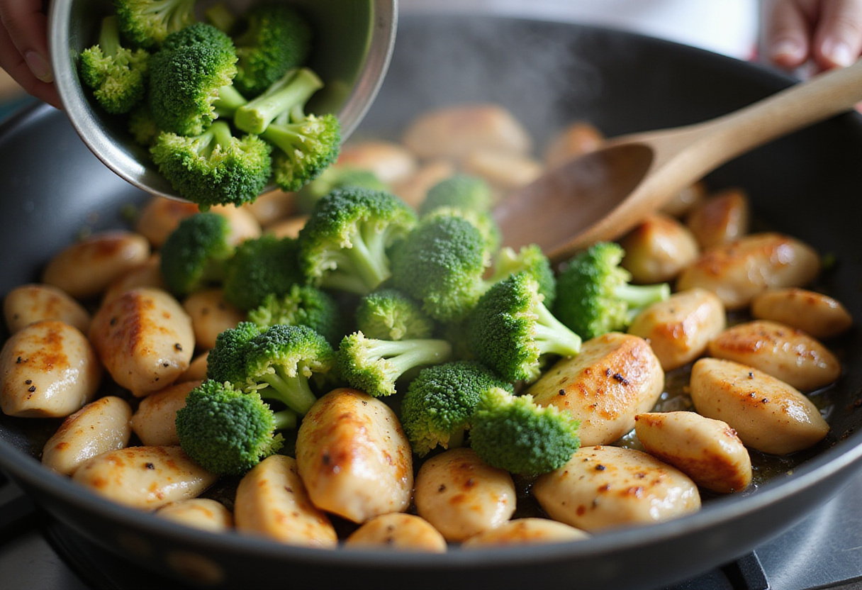 Brócoli al vapor añadido a la mezcla de pollo en la sartén, colocando la receta de pollo con brócoli en progreso.