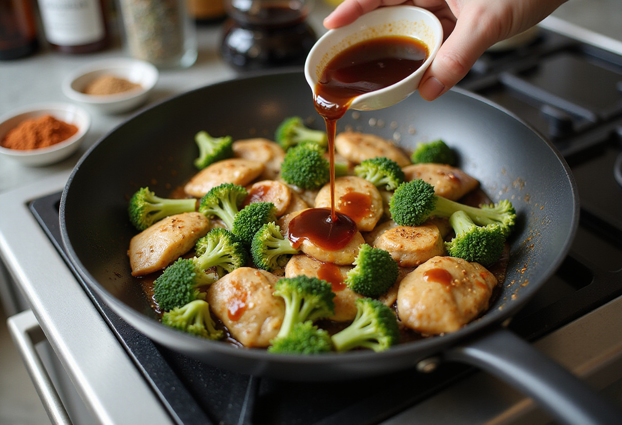 Salsa nutritiva siendo agregada al pollo y brócoli en la sartén, completando la receta de pollo saludable.
