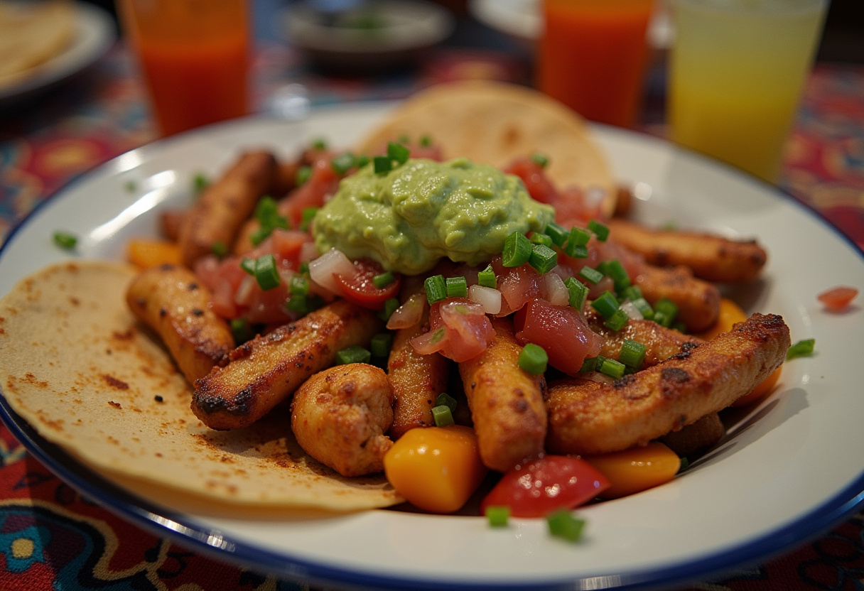 Delicious fajitas de pollo served with toppings, perfect for a family meal.