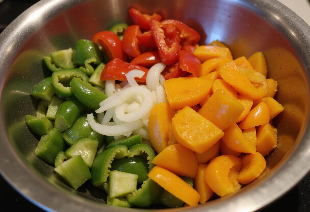 Sliced bell peppers and onions prepared for fajitas de pollo recipe.